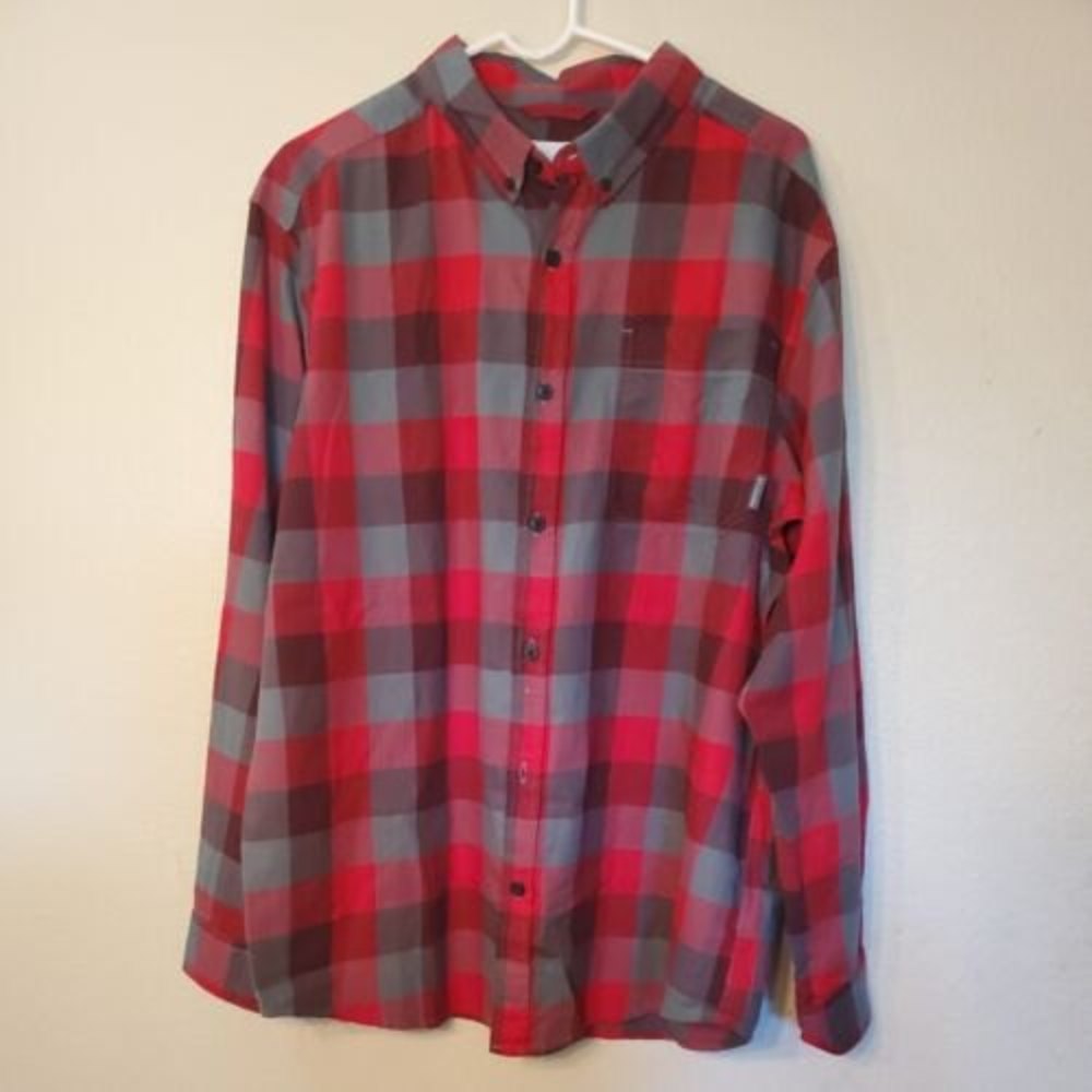 Columbia Red Grey Plaid Button Down Long Sleeve Sz Large